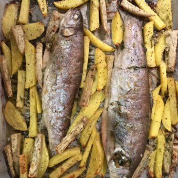 Fehér húsú édesburgonya és pisztráng